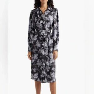 Cinq a Sept Charley Black Floral Midi Shirt Dress NO BELT US 8​​
